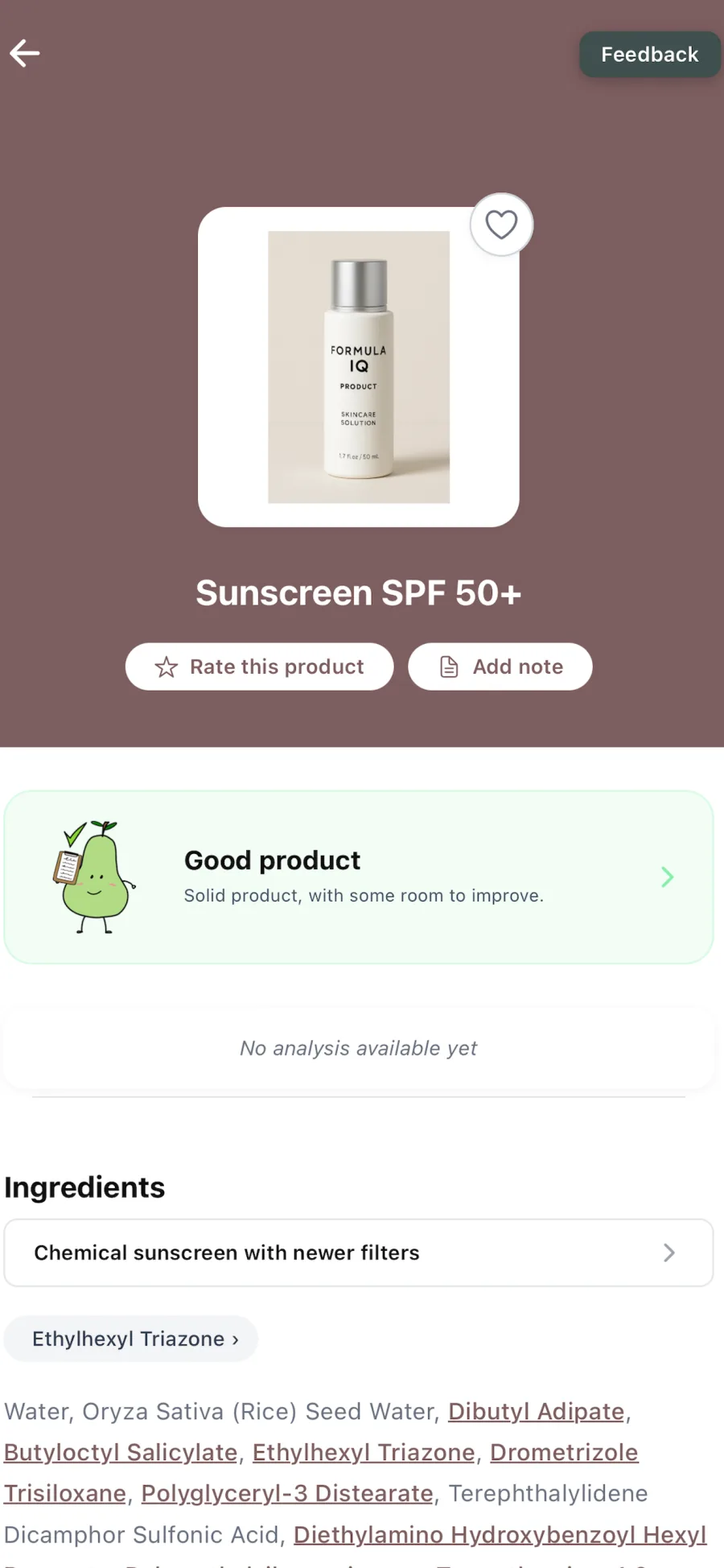 Pear app showing a sunscreen's rating, ingredient breakdown and analysis